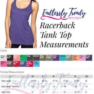 May include: A chart showing the measurements for a racerback tank top in sizes XS to 2XL. The chart includes measurements for body length, body length tolerance, body width, and body width tolerance. The measurements are in inches.