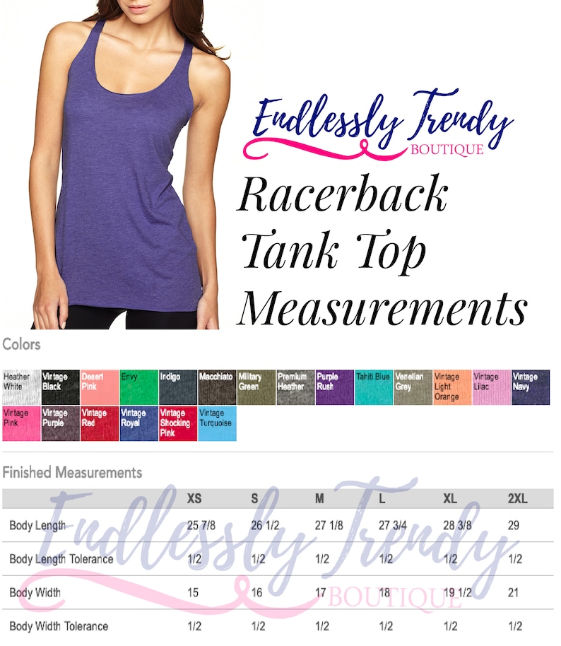 May include: A chart showing the measurements for a racerback tank top in sizes XS to 2XL. The chart includes measurements for body length, body length tolerance, body width, and body width tolerance. The measurements are in inches.