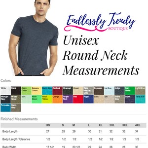 May include: A chart showing unisex round neck t-shirt measurements in inches for sizes XS to 4XL. The chart includes measurements for body length, body length tolerance, body width, and body width tolerance.