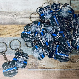 2 Sided TBL - Thin Blue Line Police Badge Shape Blessed are the Peacemakers Keychain - YOU choose badge - Back The Blue - Custom Keychain -