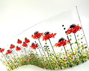 Poppy flowers fused glass wavy panel 9"x3.5"