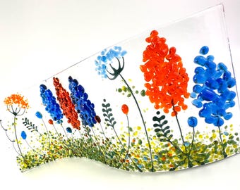 Blue and orange flowers fused glass wavy panel 9"x3.5"