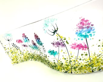 Fused glass wavy panel with aqua, blue and pink flowers