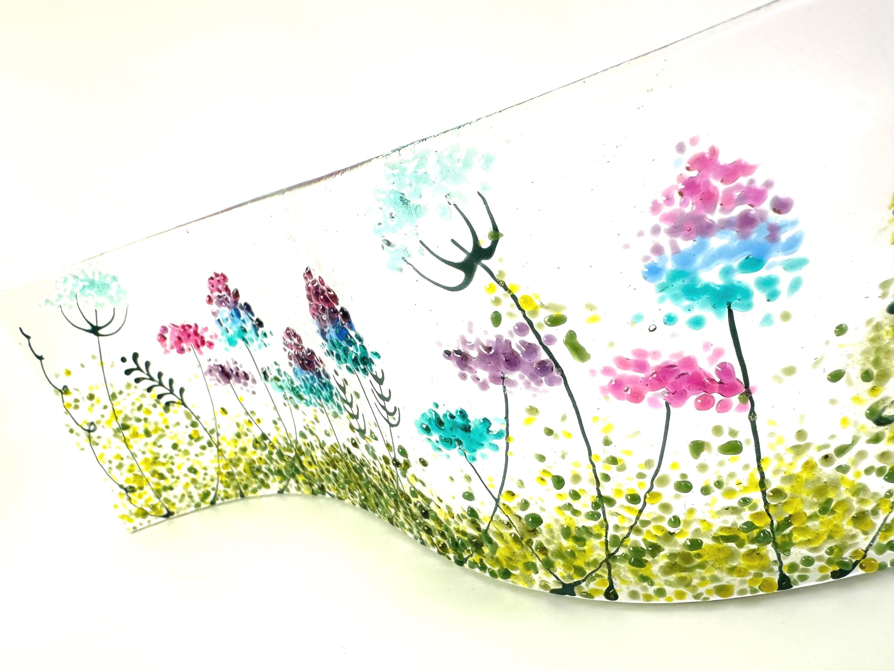 Fused glass wavy panel with aqua, blue and pink flowers