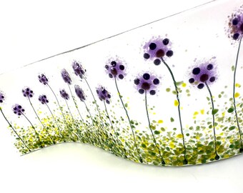 Violet flowers fused glass wavy panel 9"x3.5"