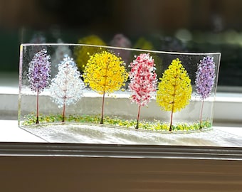 Colored trees fused glass wavy panel 9"x3.5"