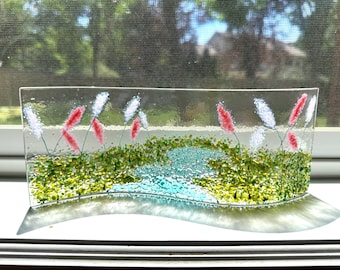 Pink flowers by the pond fused glass wavy panel 9"x3.5"