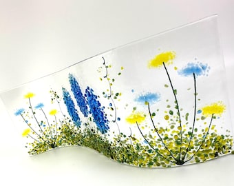 Blue and yellow flowers fused glass wavy panel 9"x3.5"