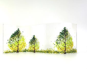 Green trees fused glass wavy panel 9"x3.5"