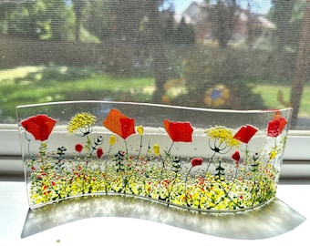 Poppy confetti flowers fused glass wavy panel 9"x3.5"