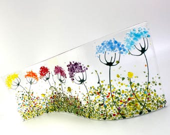 Rainbow dandelions fused glass wavy panel 9"x3.5"