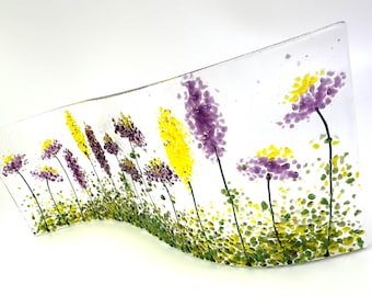 Purple and Yellow flowers fused glass wavy panel