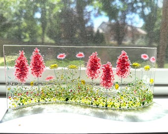 Pink and yellow flowers fused glass wavy panel 9"x3.5"