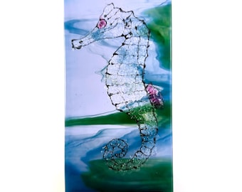 Seahorse on purple and green background fused glass panel 7.5"x3.5"