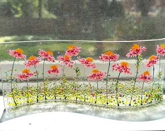 Pink and orange coneflowers fused glass wavy panel 9"x3.5"