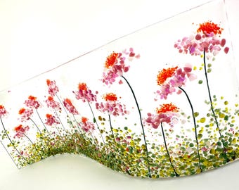 Pink and orange daisy flowers fused glass wavy panel 9"x3.5"