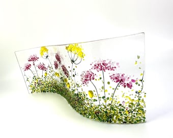 Light pink and dark pink flowers fused glass wavy panel