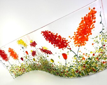 Red, orange and yellow flowers fused glass wavy panel 9"x3.5"