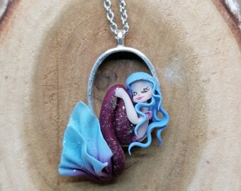 Miniature blue haired, blue and purple mermaid necklace on a stainless steel ring - Kawaii fantasy jewelry - Polymer clay pendant