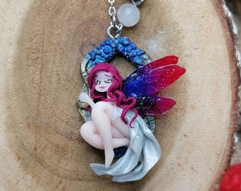 grey fairy with her red hair - Chibi and her red and purple wings - Kawaii / fantasy jewelry - Polymer clay pendant