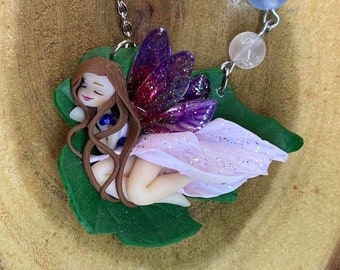 Dragonfly wings fairy on a leaf necklace - Pink dress - Kawaii / fantasy jewelry - Polymer clay pendant