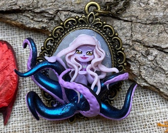 Purple and blonde Lady Otcopus, cameo necklace, Inspired by Ursula, Fantasy doll on a stainless steel midlong necklace