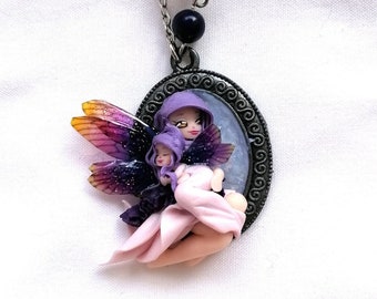 Mother and daughter pink and purple fairy necklace - Mother's day gift -Stainless silver chain - Polymer clay pendant