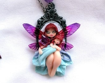 Mother and daughter blue and purple fairy necklace - Mother's day gift -Stainless silver chain - Polymer clay pendant