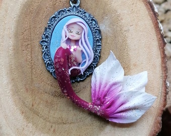 Miniature pink haired, red and white mermaid necklace - Stainless steel chain - Kawaii fantasy jewelry - Polymer clay pendant