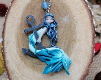 Miniature blue haired, blue and green mermaid necklace on an anchor - Stainless steel chain - Kawaii fantasy jewelry - Polymer clay pendant