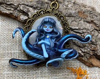 Blue Lady Otcopus with her blue hair, cameo necklace, Inspired by Ursula, Fantasy doll on a stainless steel midlong necklace