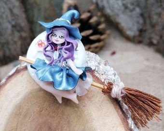 Tiny blue witch with her purple hair sitting on broom by the moon light - Stainless steel pin / brooch - Polymer clay doll - Fantasy jewelry