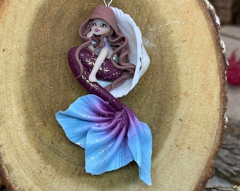 Miniature brown haired, blue and purple mermaid necklace on a seashell - Kawaii fantasy jewelry - Polymer clay pendant