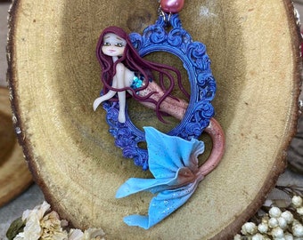 Tiny blue and pink mermaid cameo necklace, with brown hair - Polymer clay chibi / doll pendant - Fantasy / kawaii jewel