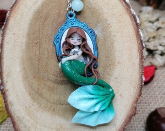 Miniature brown haired, blue and green mermaid necklace - Stainless steel chain - Kawaii fantasy jewelry - Polymer clay pendant