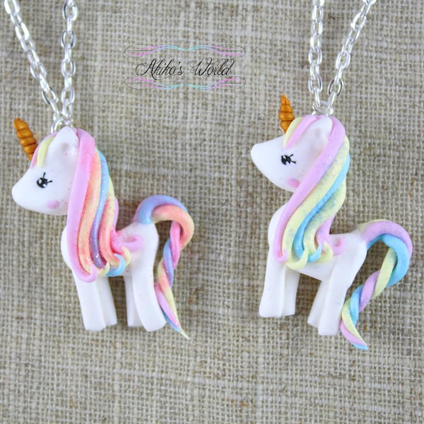 Collier petite licorne arc-en-ciel pastel pailleté kawaii - Collier fait main en pâte polymère / fimo