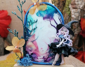 Ornament / Magnet black witch and her enchanted track, Fantasy diorama - Polymer clay chibi - Wooden support