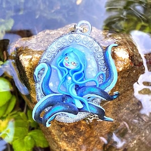 Blue Octopus Lady Necklace - Ursula Inspired - Polymer Clay Pendant - Chibi Fantasy Jewelry on Silver Necklace
