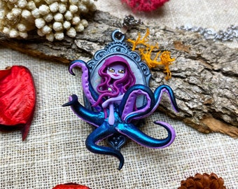 Purple Lady Otcopus, cameo necklace, Inspired by Ursula, Fantasy doll on a stainless steel midlong necklace