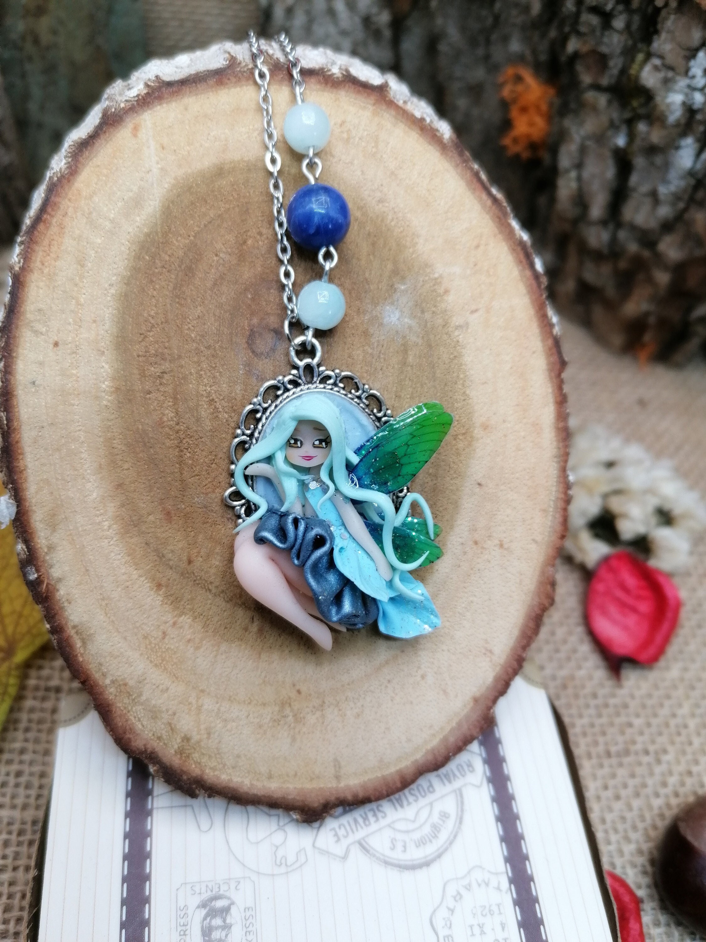 Chibi Fairy Necklace With Gray-green Dress, Polymer Clay Pendant