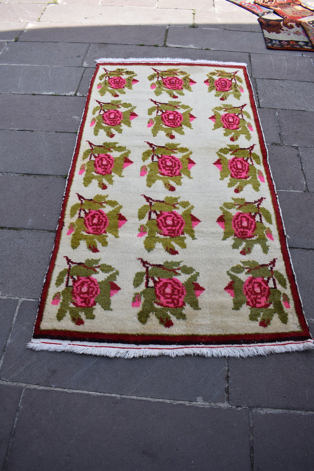 Turkish Carpet, Vintage Rug, Hand Woven Turkish Rug Rose Model Rug 69 X