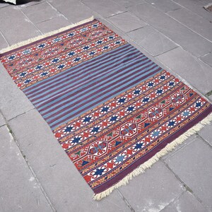 Turecki kilim, dywan Sumak Kilim, anatolijski kilim do dekoracji wnętrz, 3&#39;21&#39;&#39; x 4&#39;59&#39;&#39; ft Darmowa wysyłka!