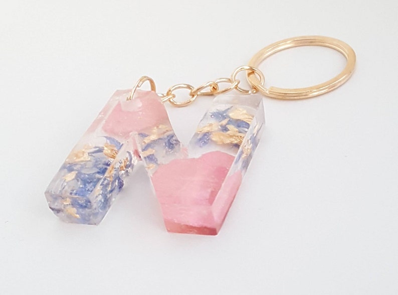 New Car Gift Car Accessories Resin In The UK Pink and Blue Petals With Gold Leaf Letter Keyring