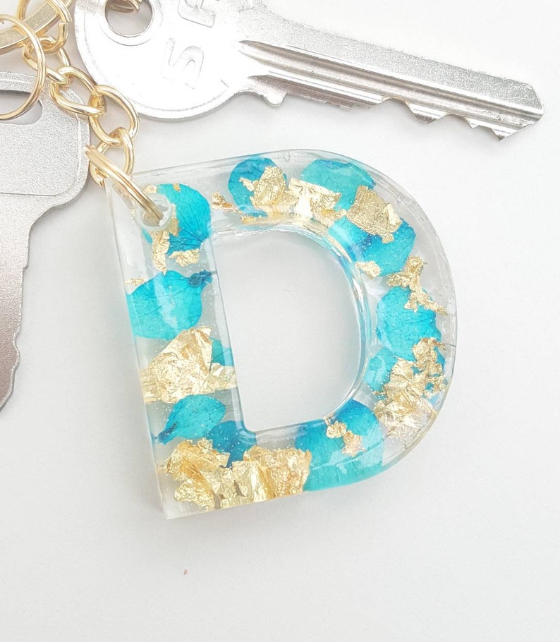 Real Flower Resin Keychain Gold Letter Name Keychain Teal | Etsy