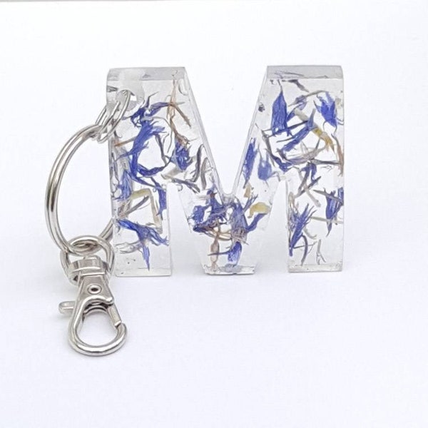 Resin Initial Keychain With Blue Petals, Personalised Letter Bag Accessory, Cute Flower Car Key Ring