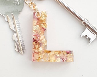 Resin Initial Keychain: Rose Petals Gold Leaf Letter Keyring