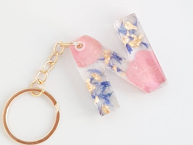 New Car Gift Car Accessories Resin In The UK Pink and Blue Petals With Gold Leaf Letter Keyring