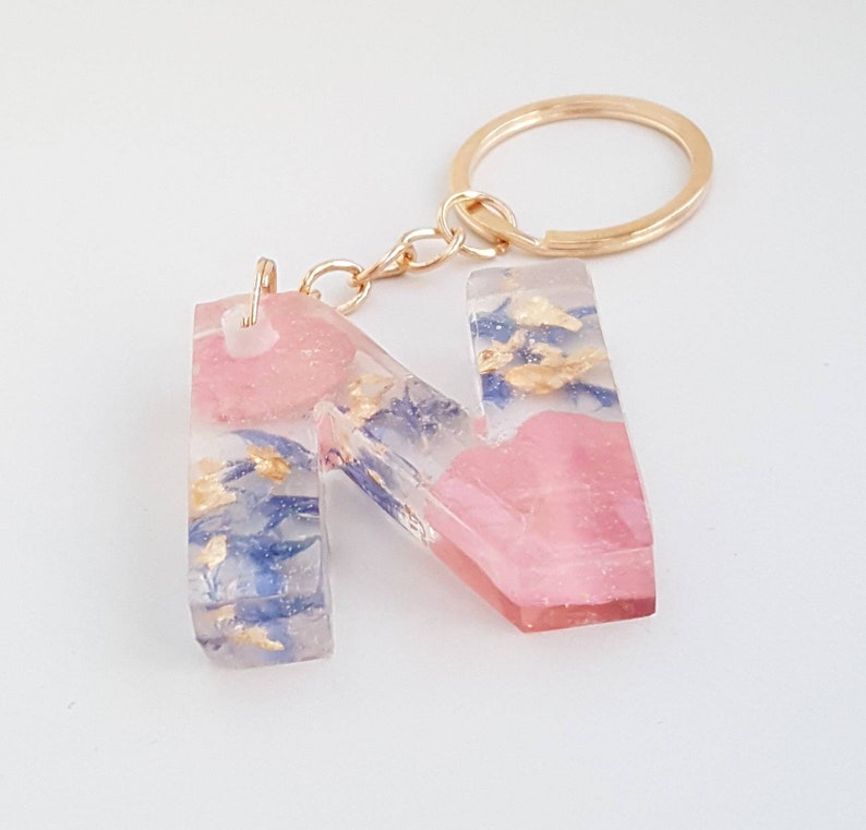 New Car Gift Car Accessories Resin In The UK Pink and Blue Petals With Gold Leaf Letter Keyring