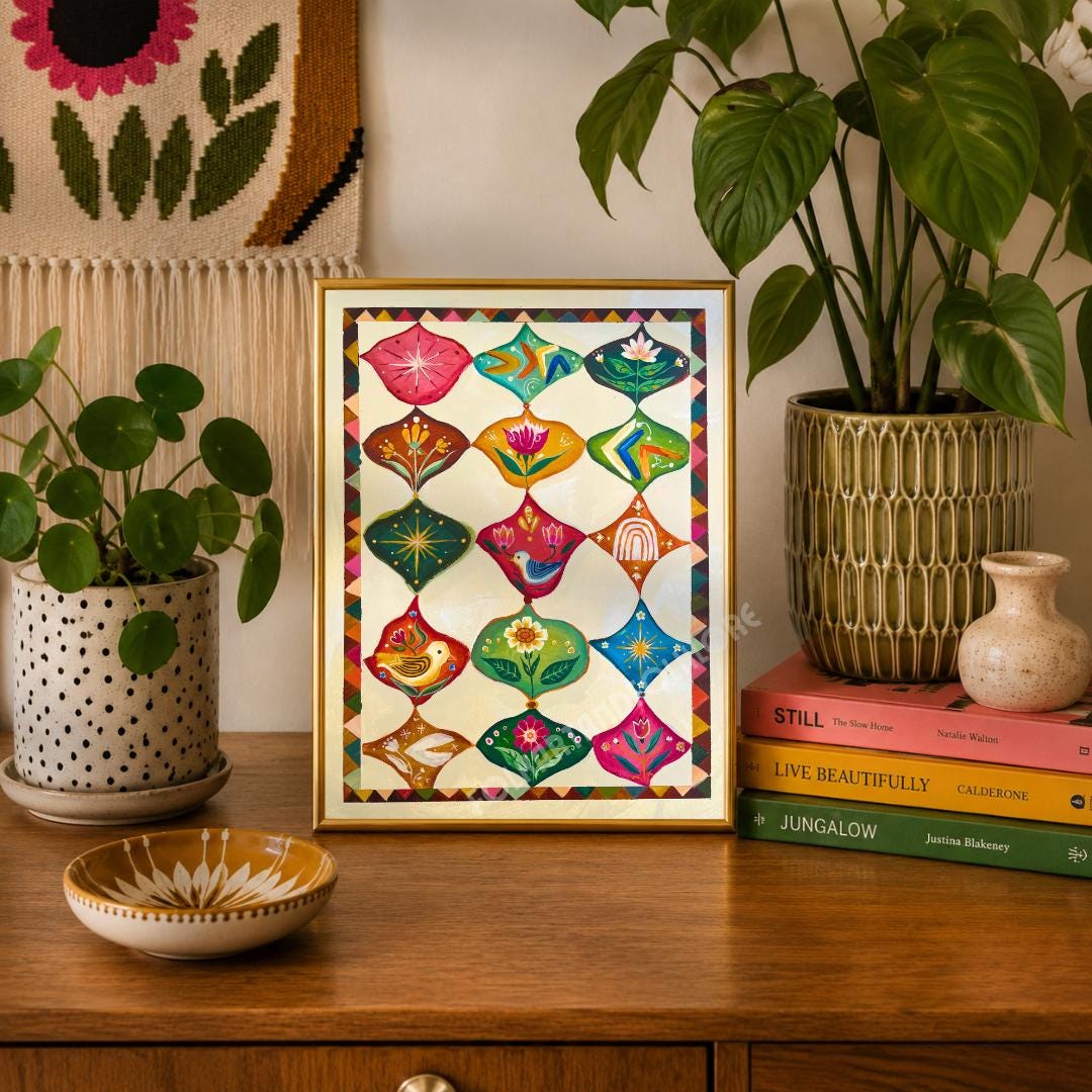 Mid Century Modern Original Art Print - Hand Painted Maximalist Folk ...