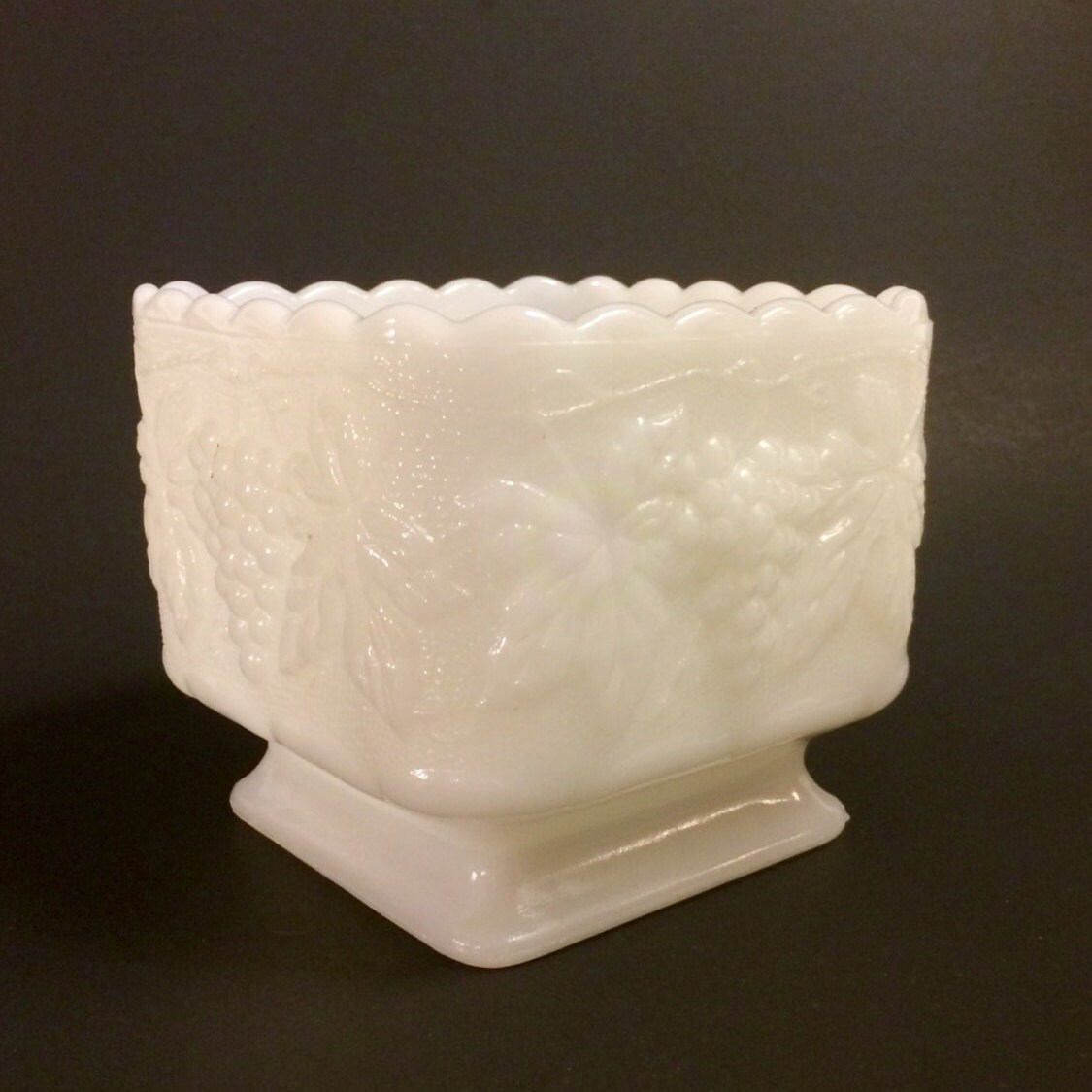 Square Milk Glass Pedestal Grape Patterned Bowl Etsy
